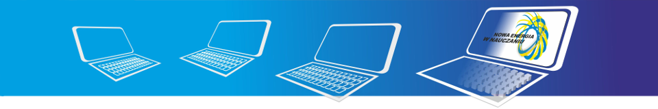 Logo: trzy laptopy, skrajny prawy z napisem na monitorze 'Nowa energia w nauczaniu'